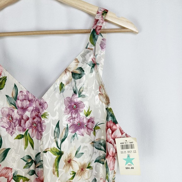 Vintage Kathryn Slip Dress Mini Satin Floral Print Ivory Pink Deadstock M NWT - Picture 3 of 4